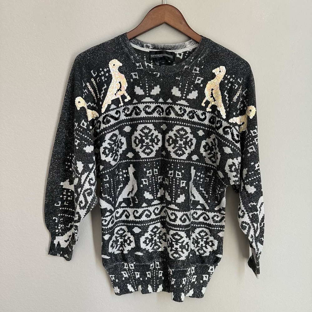 Spree Black Wool Metallic Sweater Sequin Birds Vintage 80s Glam Art to Wear M